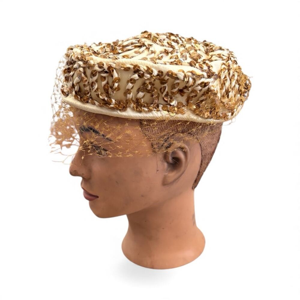 Vintage Amy New York Pillbox Hat Cream Gold Sequin Birdcage Veil Mid Century MCM